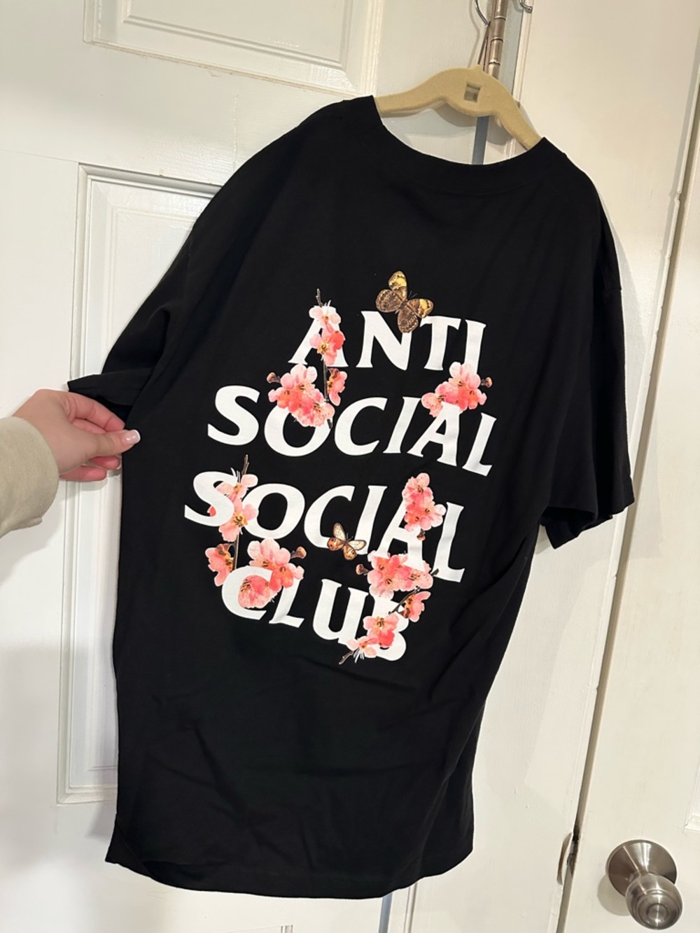 Anti Social Social Club Black Tee with Pink Floral & Gold Butterfly